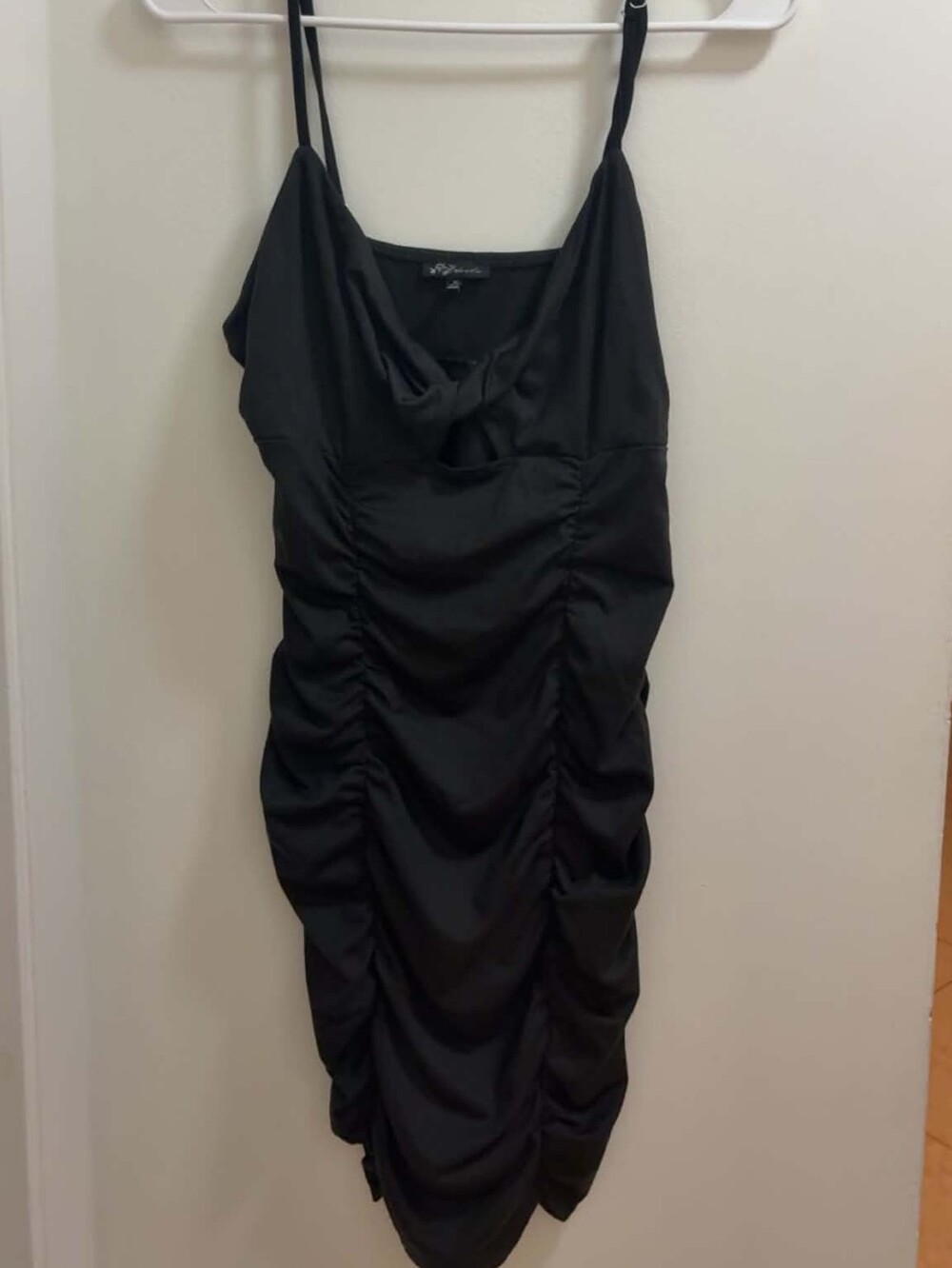 Blashe Black Bodycon Ruched Dress, Cowl Neck w/Open Detail, M